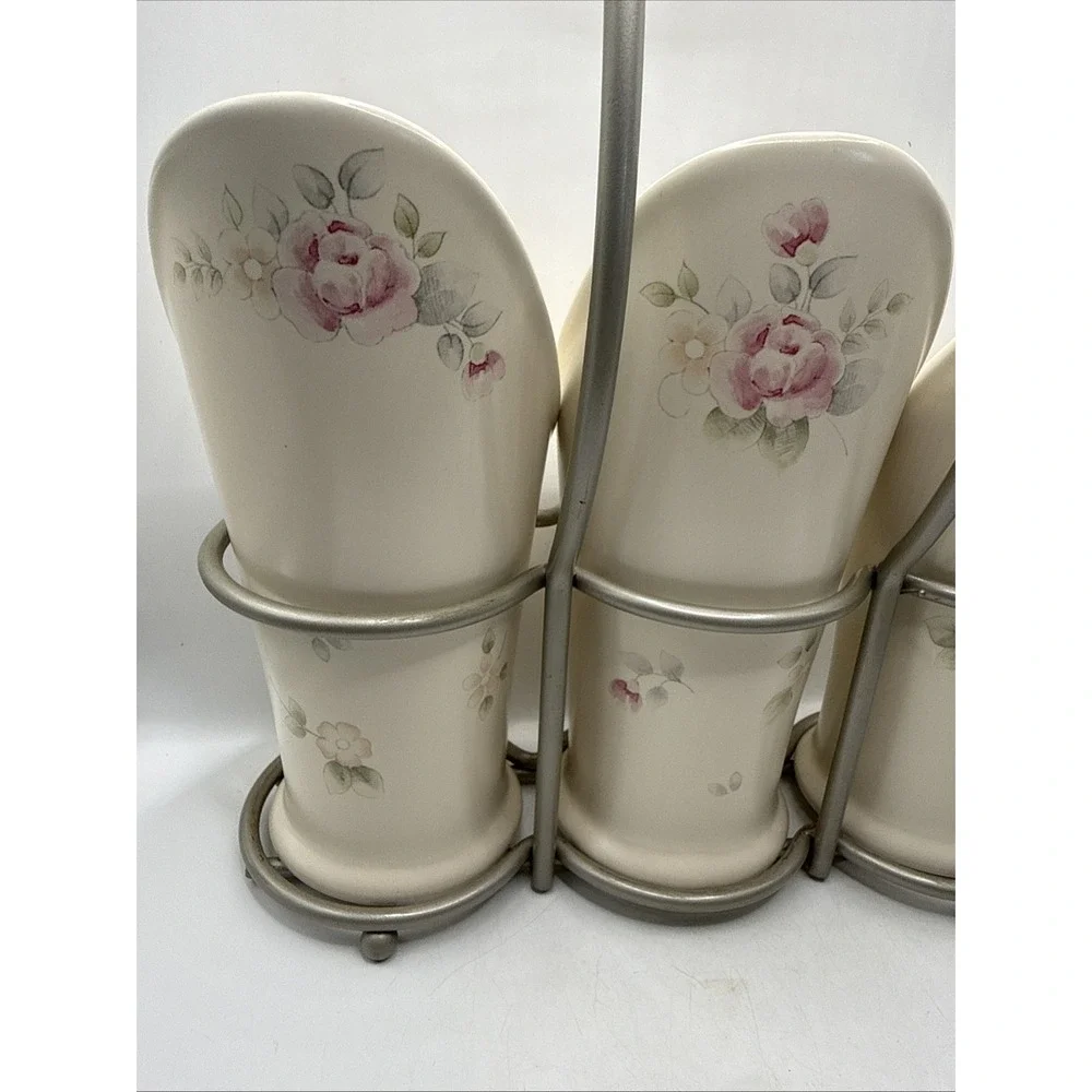 Pfaltzgraff TEA ROSE Flatware Caddy Silverware Utensil Holder With Stand.
